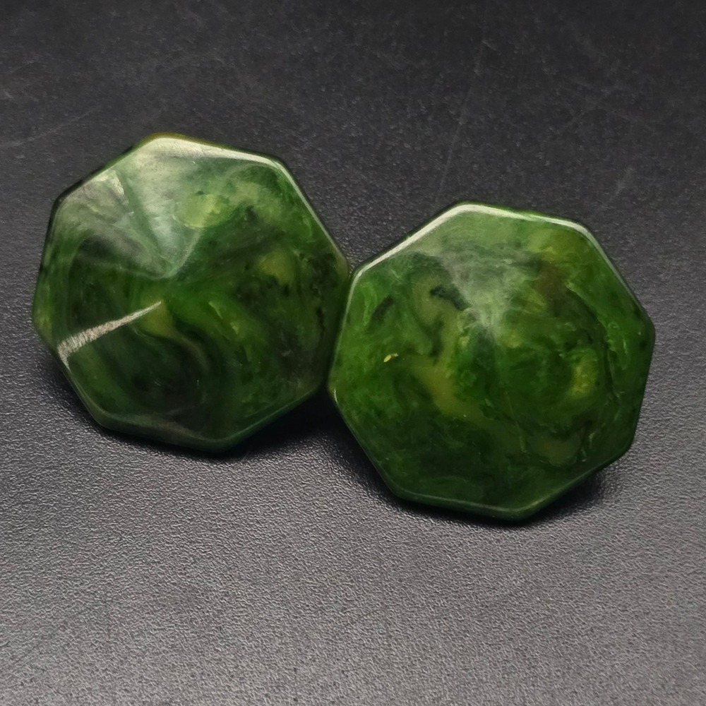 Green Octogon Bakelite Clip On Earrings Vintage Costume Jewelry